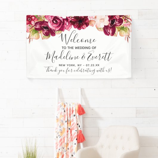 Chique Bourgogne & Blush Roze Bloemen Bruiloft Wel Spandoek (Insitu)