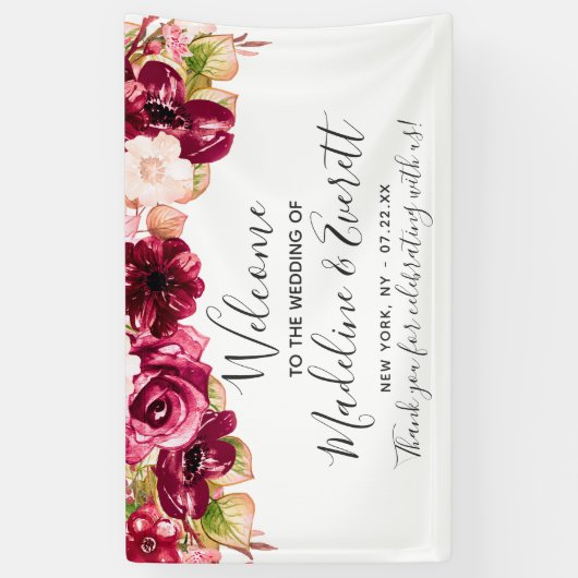 Chique Bourgogne & Blush Roze Bloemen Bruiloft Wel Spandoek (Verticaal)