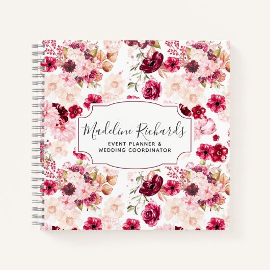 Chique Bourgogne & Blush Roze Waterverf Bloemen Notitieboek (Voorkant)