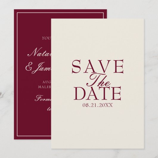 Chique Bourgogne Crème Oud Geld Retro Bruiloft Save The Date (Voorkant / Achterkant)