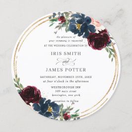 Chique Bourgogne Navy Blauw Blush Bloemen Bruiloft Kaart