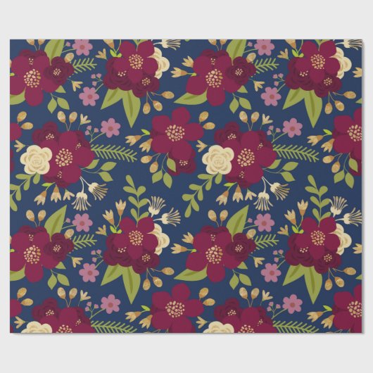 Chique Bourgogne, Navy Blue en Gold Wedding Floral Cadeaupapier (Vlak)