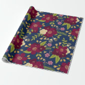 Chique Bourgogne, Navy Blue en Gold Wedding Floral Cadeaupapier (Uitgerold)