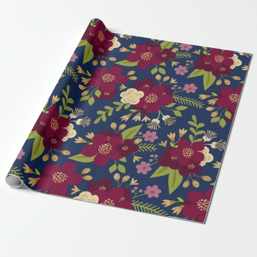 Chique Bourgogne, Navy Blue en Gold Wedding Floral Cadeaupapier (Uitgerold)