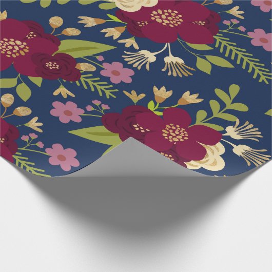 Chique Bourgogne, Navy Blue en Gold Wedding Floral Cadeaupapier (Hoek)
