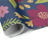 Chique Bourgogne, Navy Blue en Gold Wedding Floral Cadeaupapier (Rol Hoek)