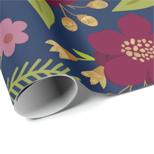 Chique Bourgogne, Navy Blue en Gold Wedding Floral Cadeaupapier (Rol Hoek)