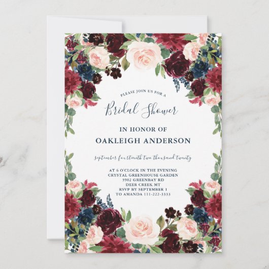 Chique Bourgogne, Navy en Pink Floral Vrijgezellen Kaart (Voorkant)