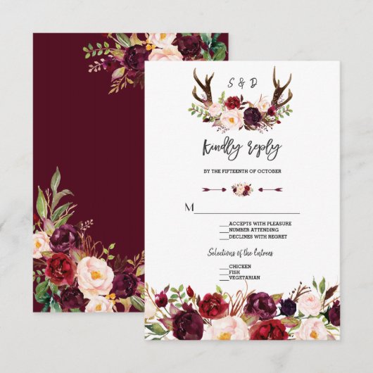 Chique Bourgondië Bloem Hoorntjes Handgeschreven R RSVP Kaartje (Voorkant / Achterkant)