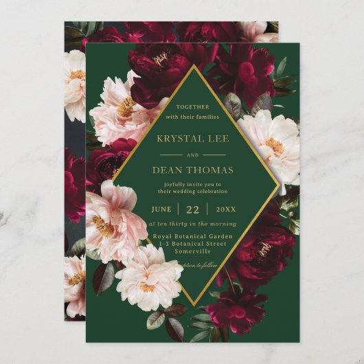 Chique Bourgondië Blush Bloemen Pioenen Smaragd Br Kaart (Voorkant / Achterkant)