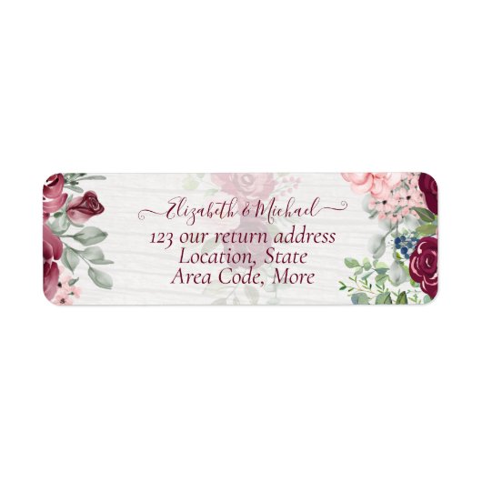 Chique Bourgondië Blush Roze Bloemige Groene Huwel Etiket (Voorkant)