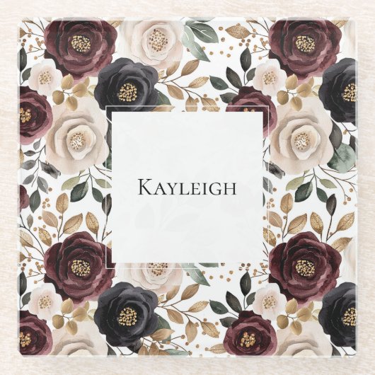 Chique Bourgondië Crème Bloem Glazen Onderzetter (Voorkant)