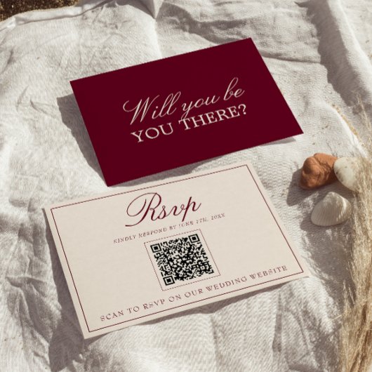 Chique Bourgondië Crème Oude Geld QR Code Bruiloft RSVP Kaartje