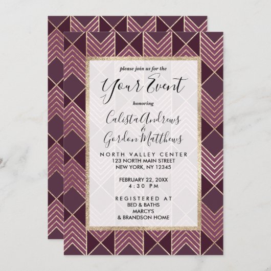 Chique Bourgondië Gouden Pijl Vorm Geometrisch Kaart (Voorkant / Achterkant)