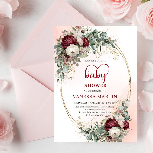 Chique Bourgondië Gouden Script Baby Shower Uitnod Kaart