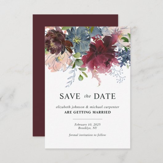 Chique Bourgondië Stofblauw Bloemenschildering Bru Save The Date (Voorkant / Achterkant)