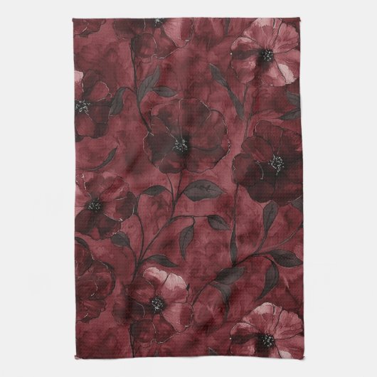 Chique Bourgondisch rode bloem bruiloftsdouche Theedoek (Verticaal)