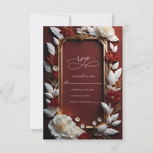 Chique Bourgondische bloemen met gouden Lijst brui RSVP Kaartje (Voorkant)