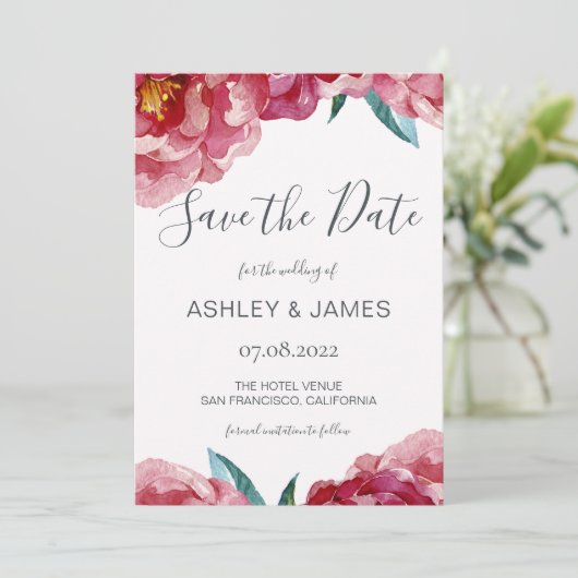 Chique Bourgondische Pioen Kalligrafie Save the Da Save The Date (Staand voorkant)