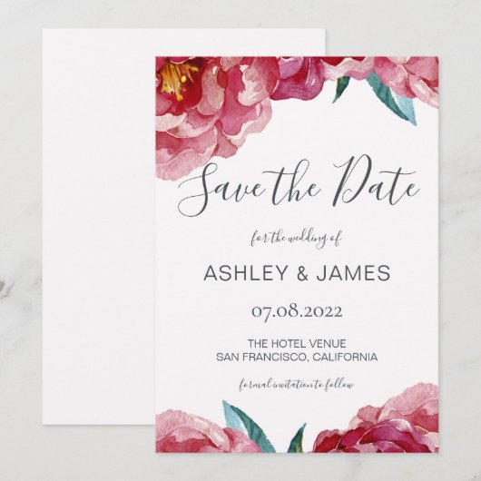 Chique Bourgondische Pioen Kalligrafie Save the Da Save The Date (Voorkant / Achterkant)