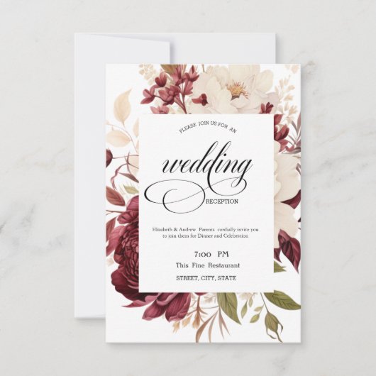 Chique Bourgondische witte bloemen repetitie diner Kaart (Voorkant)