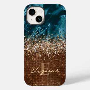 Chique Brons Turquoise Glitter Marmer monogram Case-Mate iPhone 14 Hoesje