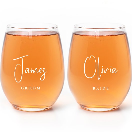 Chique bruid bruidegom wit script bruiloft wijnglas zonder voet