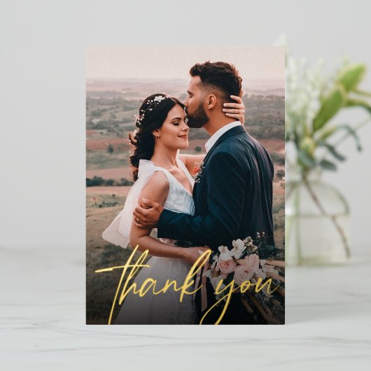 Chique bruiloft foto dank je wel script modern folie uitnodiging (Staand Voorkant)