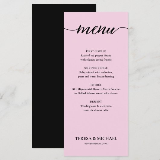 Chique Bruiloft Roze Zwart-wit Eenvoudig bewerkbaa Menu (Voorkant / Achterkant)