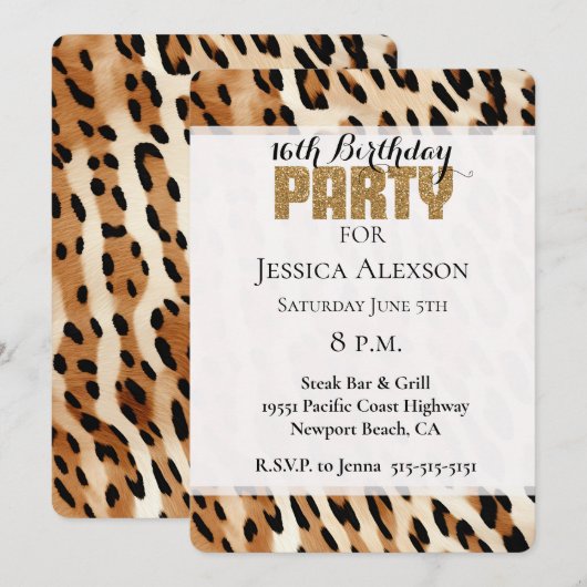 Chique bruin crème luipaard goud glitter party kaart (Voorkant / Achterkant)