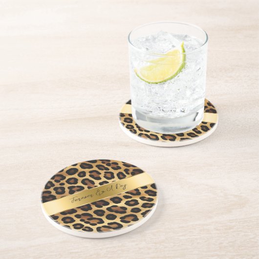 Chique bruin goud luipaard bruiloft zandsteen onderzetter (Zijkant)