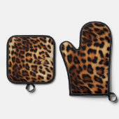 Chique bruine crème luipaard ovenwant & pannenlap set (Voorkant)