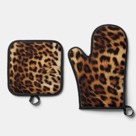 Chique bruine crème luipaard ovenwant & pannenlap set