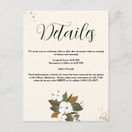 Chique bruine en crème bloemige trouwdetails informatiekaartje