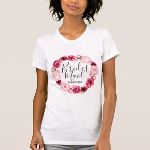Chique bruine en roze bloemenkrans bruidsmeisje t-shirt