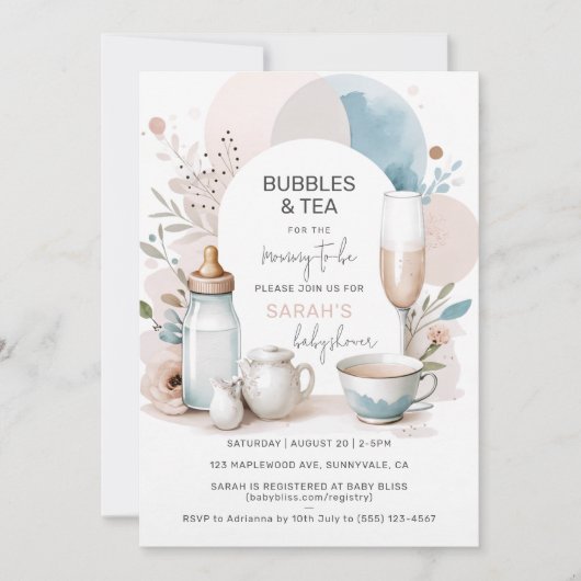 Chique Bubbles & Tea Baby shower Uitnodiging (Voorkant)