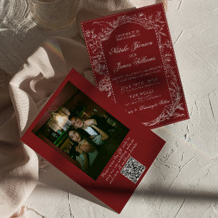 Chique Burgundy Bloem QR Code Foto Bruiloft Kaart