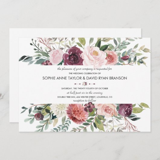 Chique Burgundy Blush Bloemenkrans Bruiloft Kaart (Voorkant / Achterkant)