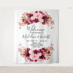 Chique Burgundy & Blush Roze Bloemige Trouwbegroet Wandkleed