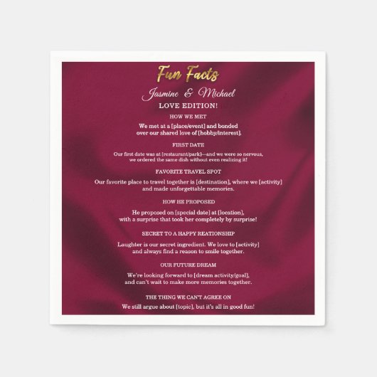 Chique burgundy en gouden script huwelijksfeiten servet (Voorkant)