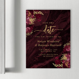 Chique Burgundy Gouden Bloem Bruiloft Save the Dat Magnetische Uitnodiging