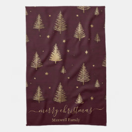 Chique burgundy gouden glitter kerstbomen  theedoek