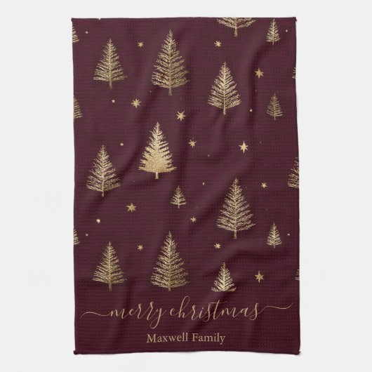 Chique burgundy gouden glitter kerstbomen theedoek (Verticaal)