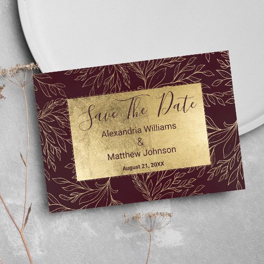 Chique burgundy gouden moderne bloemige Save The D Save The Date
