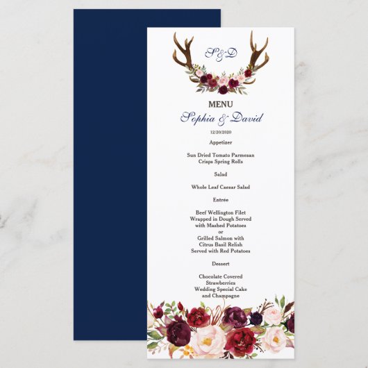 Chique Burgundy Marsala Bloemstukken Bruiloftsmenu Menu (Voorkant / Achterkant)