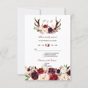 Chique Burgundy Marsala Bloemstukken Herten Gewei RSVP Kaartje