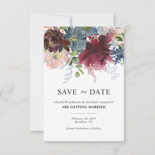 Chique Burgundy Stofblauw Bloemenschildering Bruil Save The Date (Voorkant)