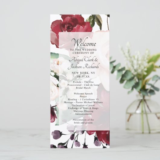 Chique Burgundyrood Paars Bloemstuk Bruiloftscerem Programmakaart (Staand voorkant)