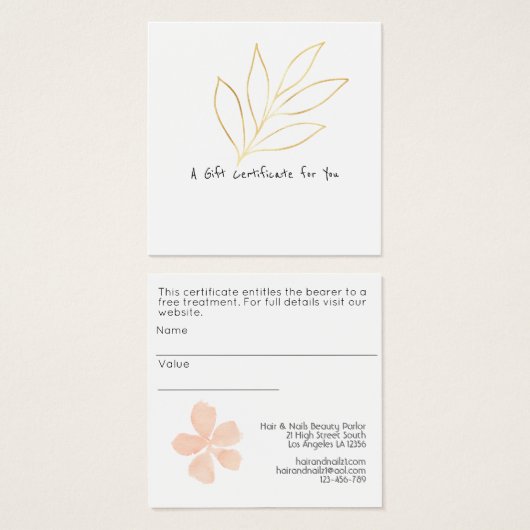 Chique cadeaubon Sjabloon ADD LOGO Gold Leaf Vierkante Visitekaartjes (Voorkant /achterkant)