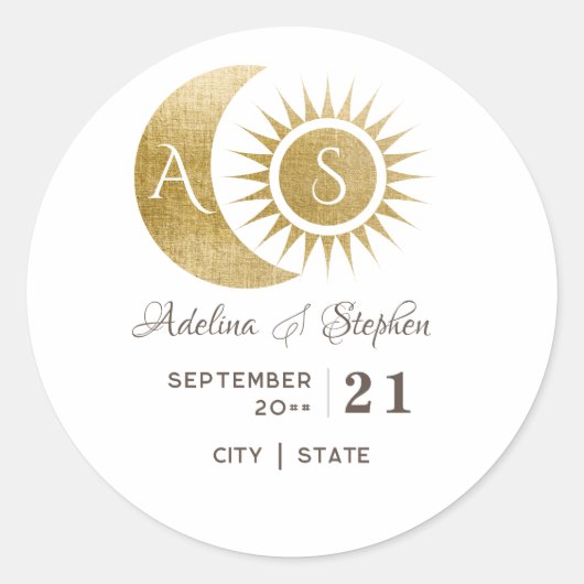 Chique Celestial Wit Goud Zon Maan Monogram Crest Ronde Sticker (Voorkant)